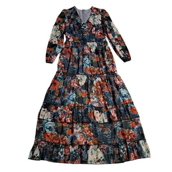 Glamorous Elegant Floral Print V-Neck Tiered Boho Chic Maxi Party Dress Small - Picture 6 of 16